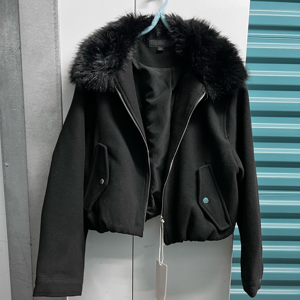 Zara Black Faux Fur Lapel Bomber Jacket - Picture 3 of 4